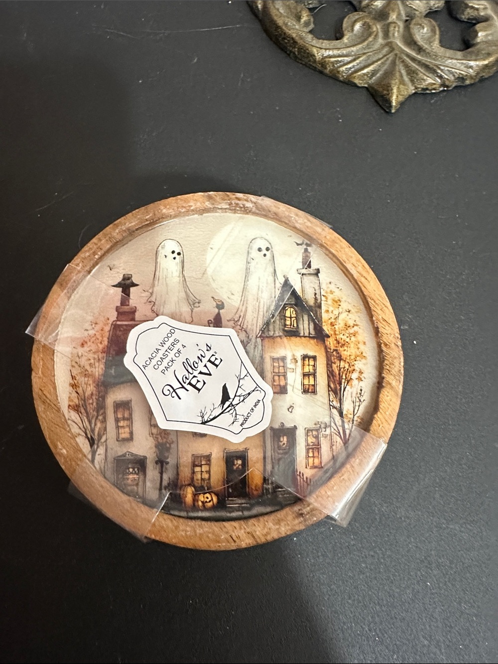 Hallow’s Eve set of 4 acacia wood ghost town coasters